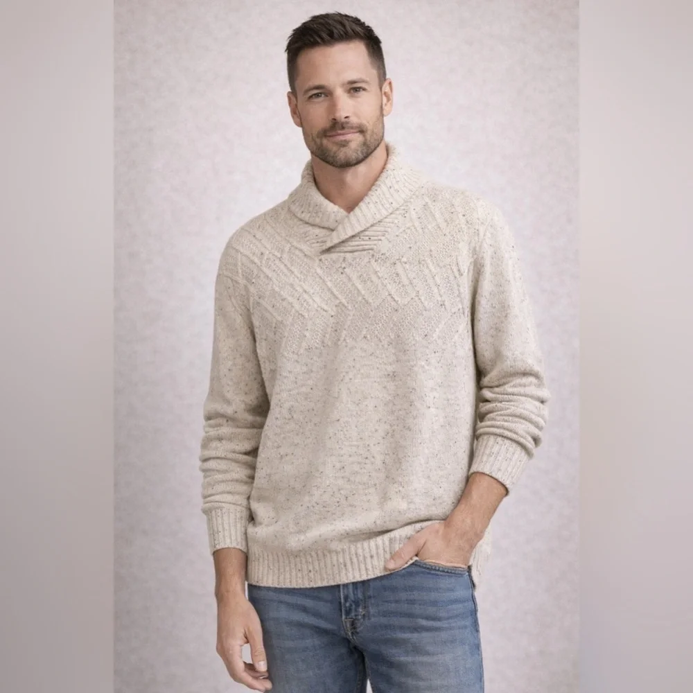 Chaps Men’s L Cream Winter Fisherman’s Knit Shawl Neck Sweater